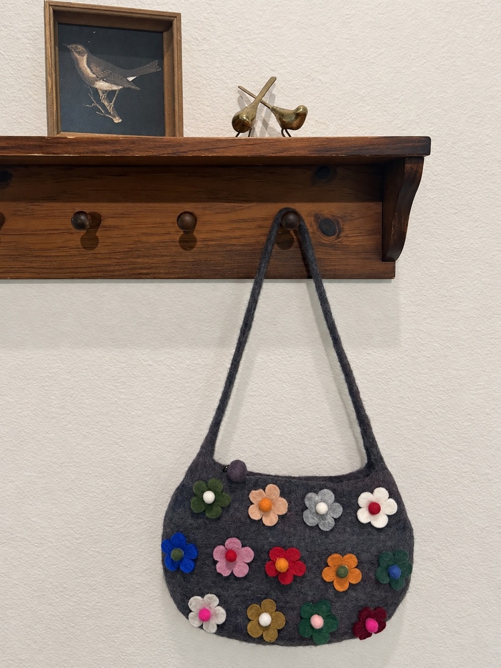 Dark Gray Felt Shoulder Bag with Multicolor Flower Appliqués